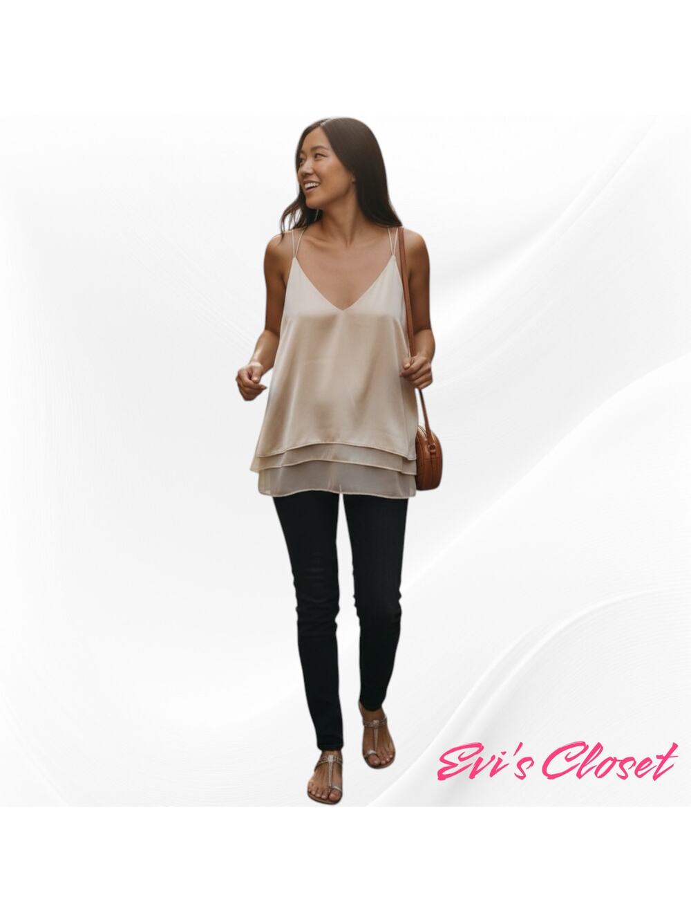 Pro Y Fashion Layered Camisole Top Cream Champagne Size M Low Slung V Back